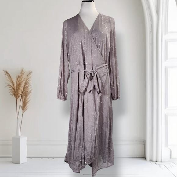 Alfani Glitter Mesh Wrap Dress 2X Silver Long Sleeve Plus Size Party Midi - Picture 1 of 14